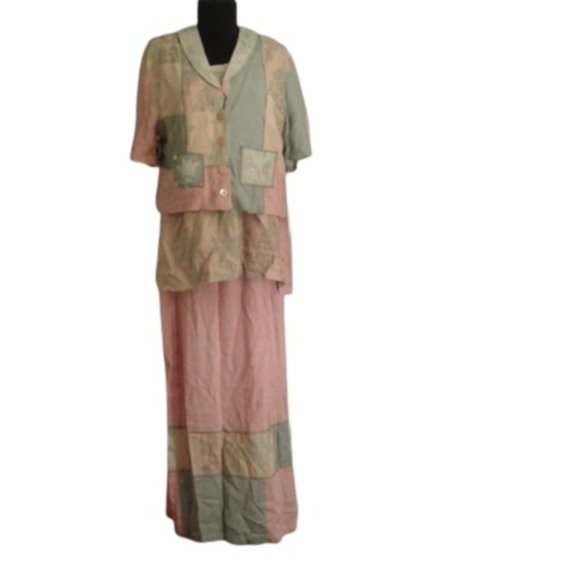 Faith by Celia Forrester Dresses & Skirts - Faith L 3pc skirt top vest outfit patchwork Peach Green Floral Lagenlook Artsy